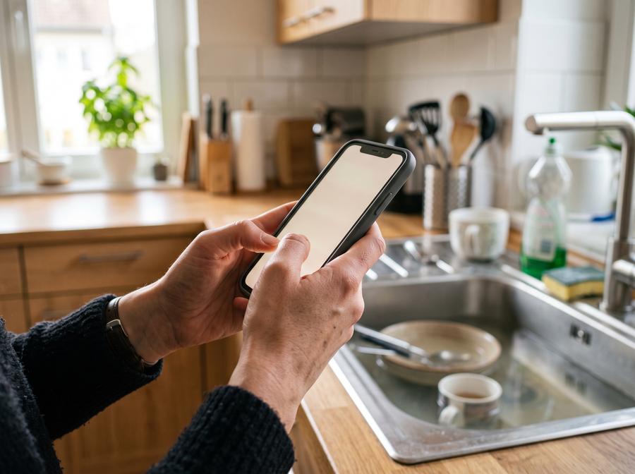 Hand tippt eine Nachricht am Smartphone in einer Küche