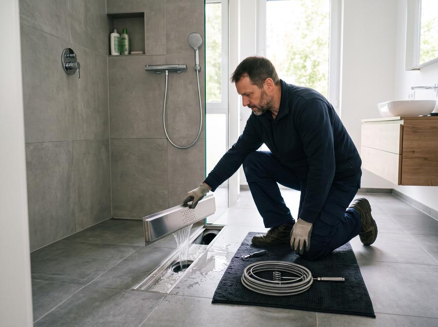 Techniker reinigt den Ablauf einer bodengleichen Dusche