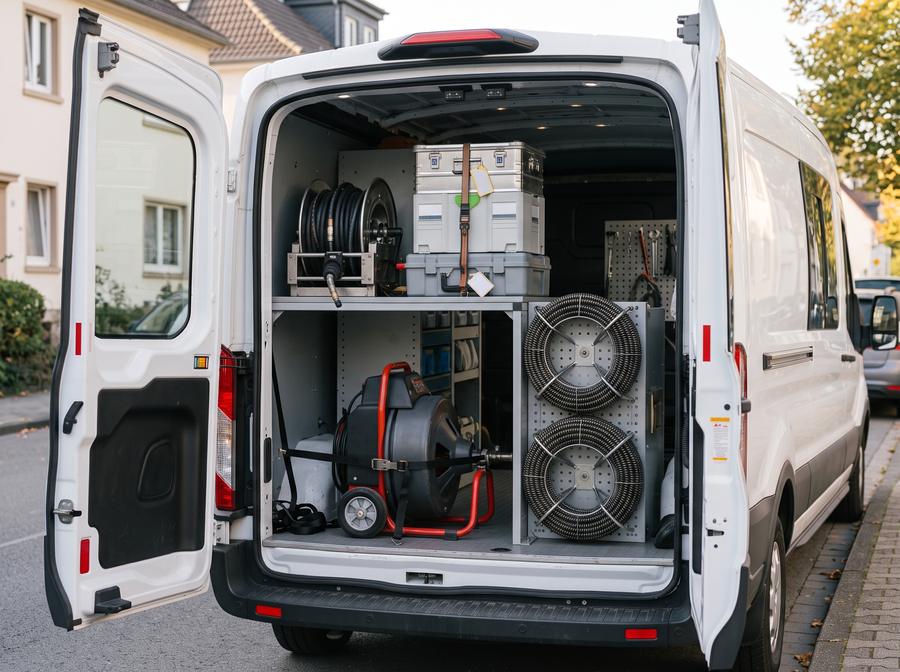 Geöffnetes Heck eines Servicefahrzeugs mit sortierter Rohrreinigungstechnik